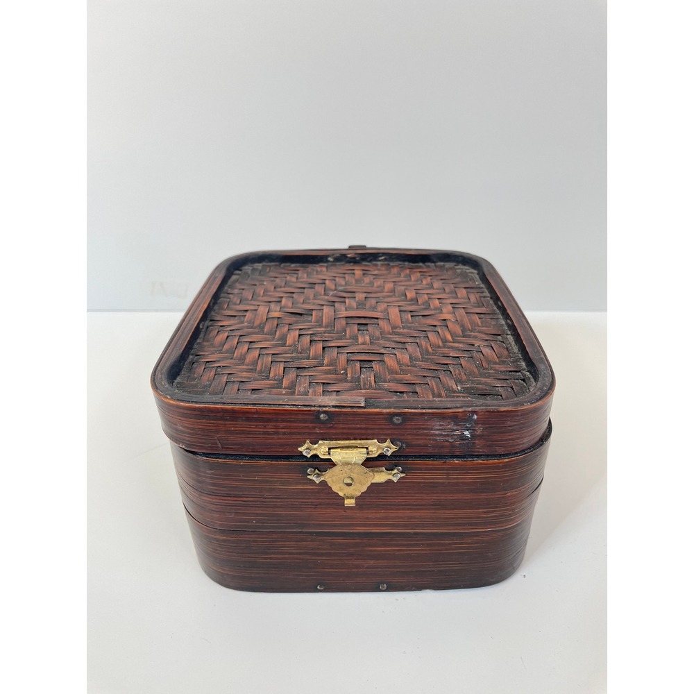 Vintage Woven Bamboo Box Square Brown Basket Brass Latch